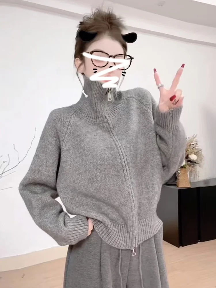 

Женский вязаный свитер с высоким воротником, открытый кардиган на молнии, милый свободный крой, зимняя мода