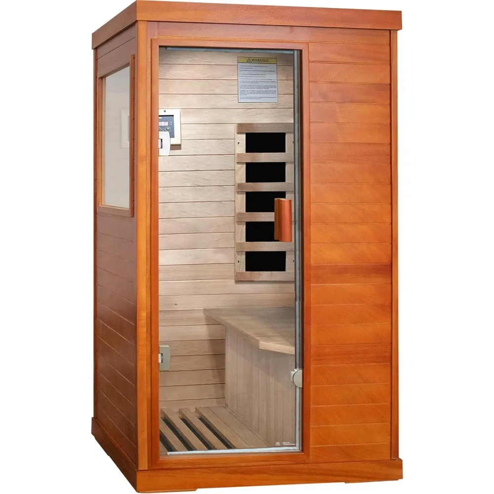 

1-person indoor infrared sauna, single person indoor sauna with control panel, Bluetooth speaker, and tempered glass door