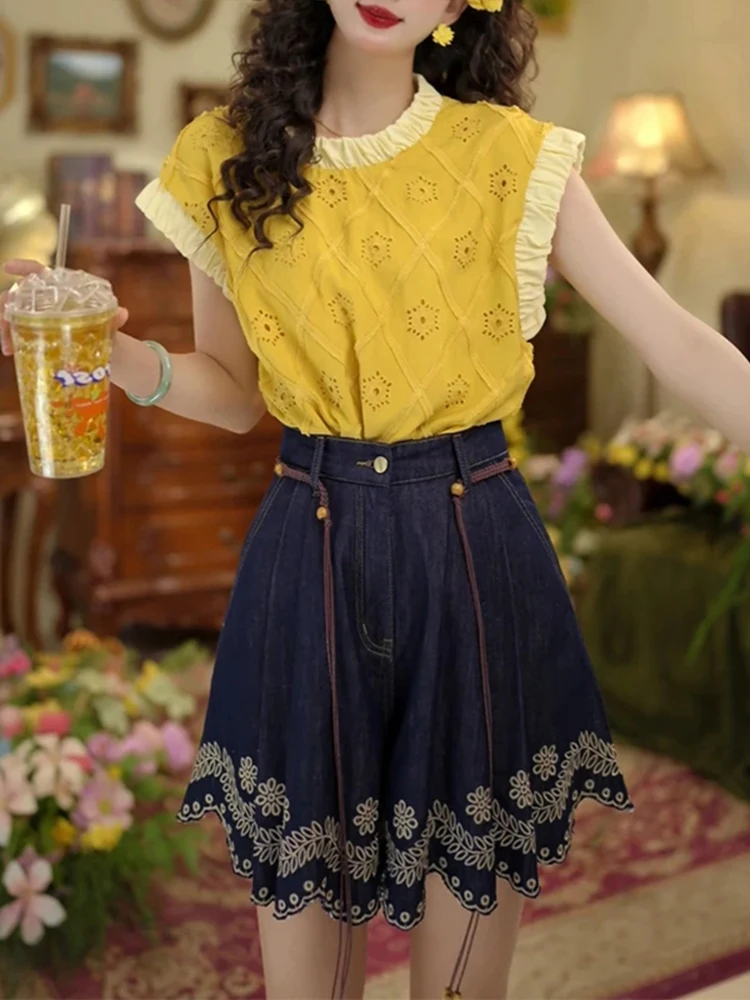 

Ретро Гонконг Sle round Ne Hollow out Design irt Женский летний новый Ele Agel Lazy Sle Top Повседневный свободный крой P...