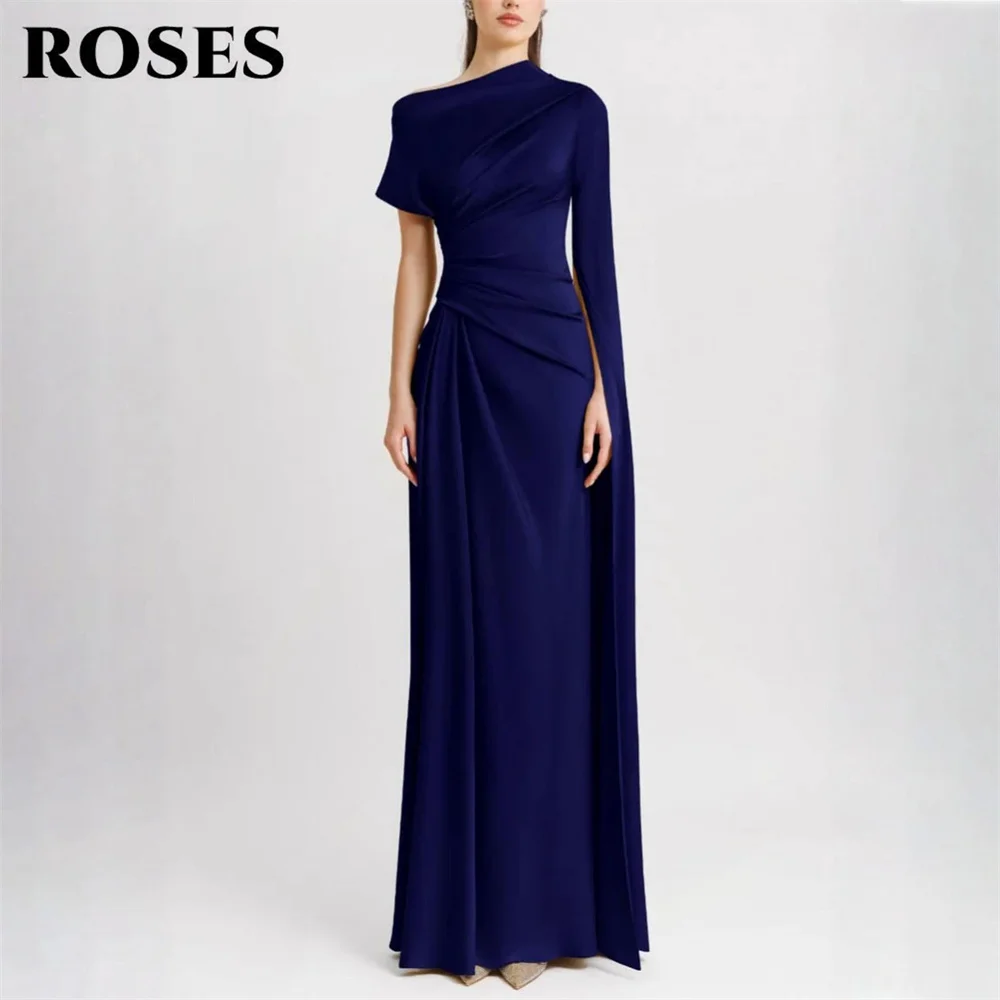 

ROSES Deep Blue Party Dress Asymmetric Shoulder Evening Dress Simple Satin Prom Gown Floor Length Prom Gown for Women Customized