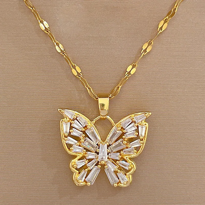 MEYRROYU 316L Stainless Steel Necklace Golden Butterfly Zircon Shiny Pendant Clavicle Accessories For Women Gifts Jewelry Bijoux