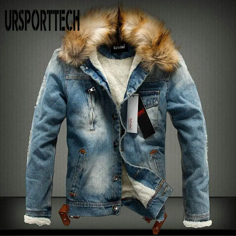 

Men's Denim Jacket Winter Warm Ripped Denim Jacket Fleece Lined Thick Thermal Distressed Jean Jackets and Coats with Fur Collar