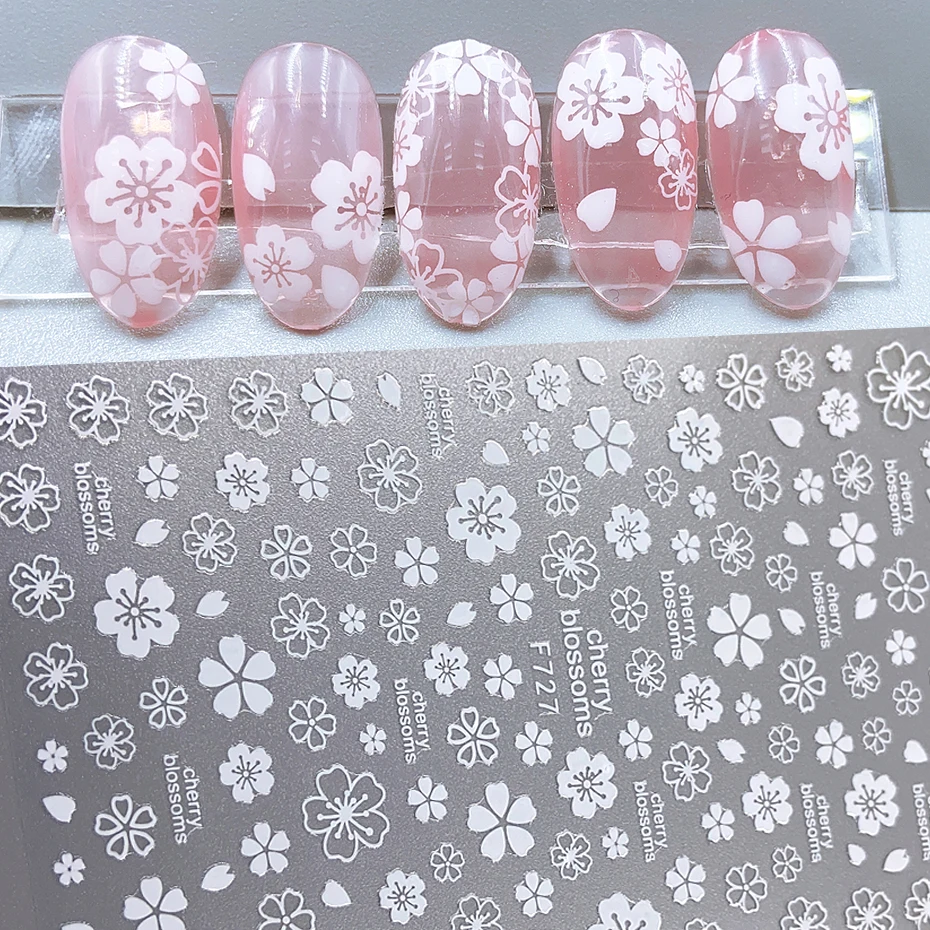 4pcs Sakura Flower 3D Nail Stickers White Cherry Blossom Nail Art Decals Spring Summer Adhesive Slider Decor Wedding Manicure