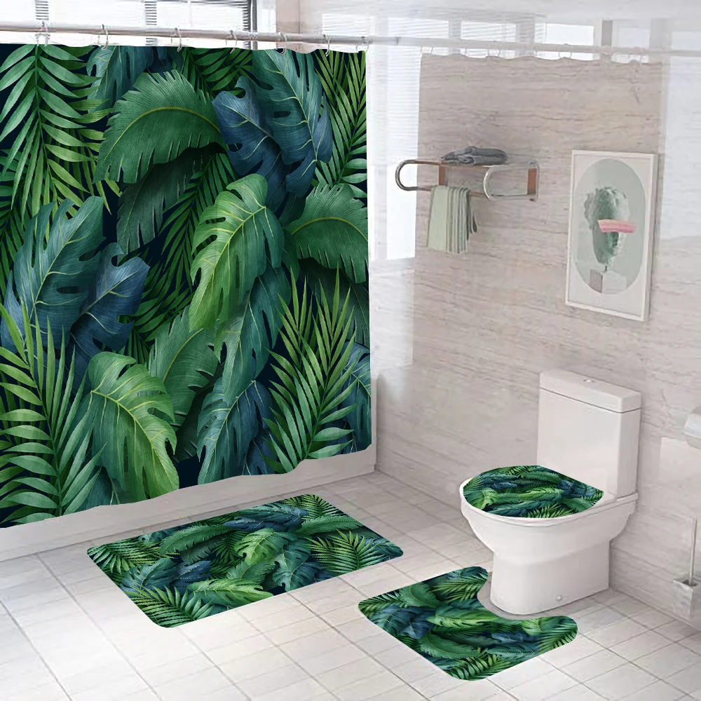 Green Leaves Printing Shower Curtain Tropical Plants Palm leaves Bathroom Curtains Anti-slip Bath Mat Set Toilet Rugs Carpet