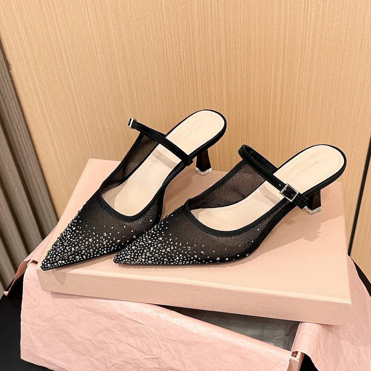 Crystal Pointed Toe Women Slippers Buckle Strap Female Pumps Low Heels Sandals Summer Outdoor Dress Shoes Zapatos Mujers