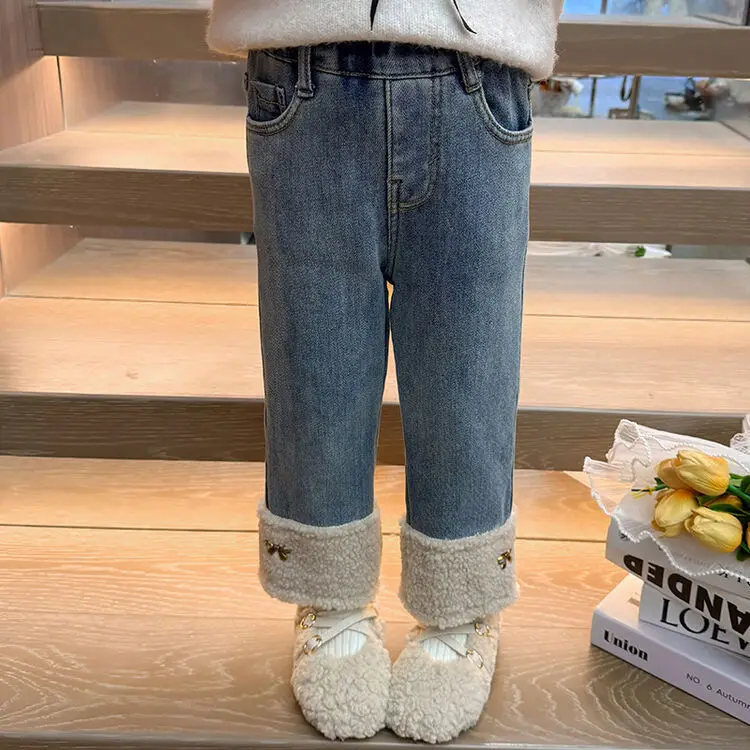 Children Girls Winter Thicken Jeans Plus Velvet Spliced Bow Kid Girls Straight Trousers Soft Warm Toddler Baby Girls Denim Pants