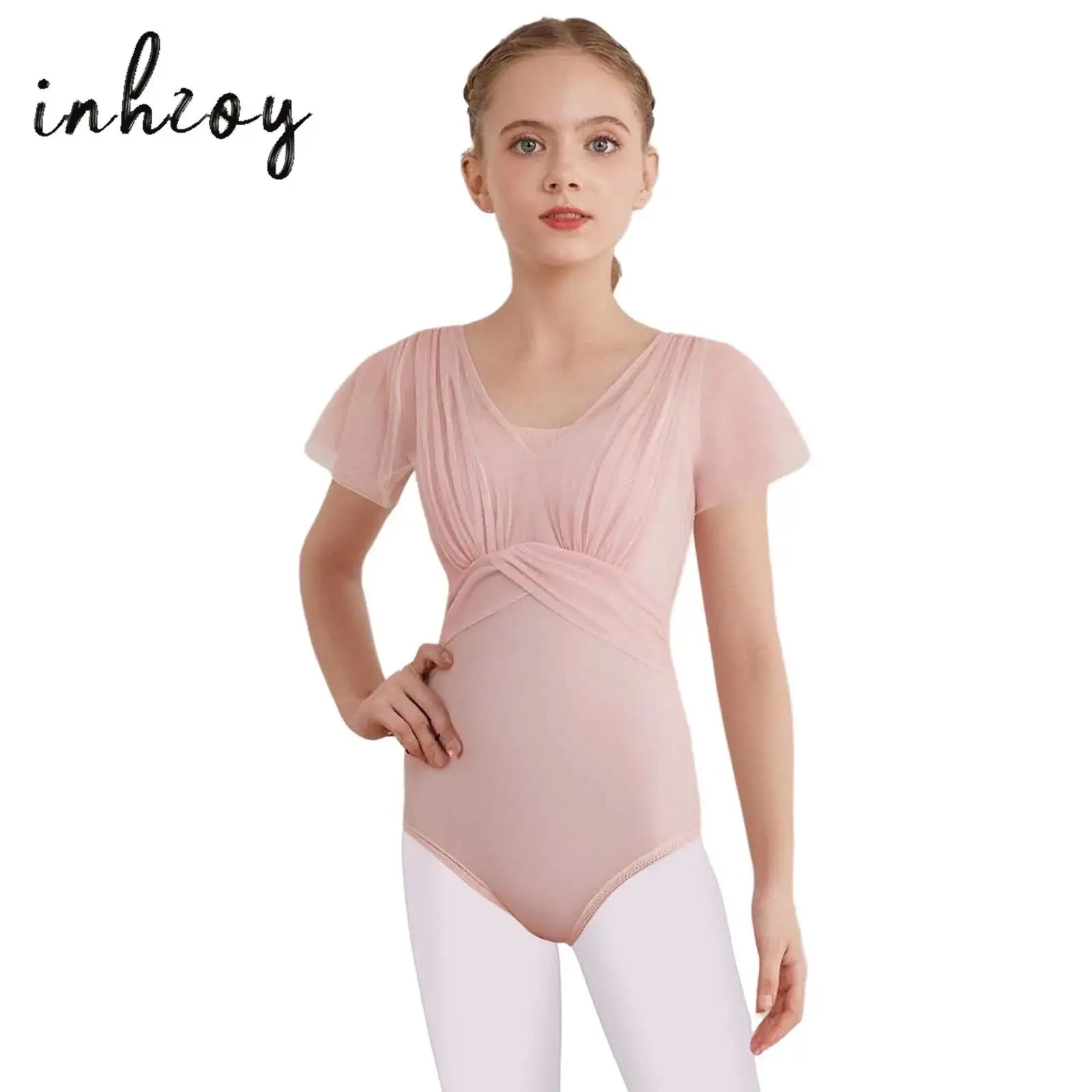

Kids Girls Ballet Leotard Ruffled Sleeves Ruched Sheer Mesh Overlay Bodice Leotard Gymnastics Performance Dance Practice Costume