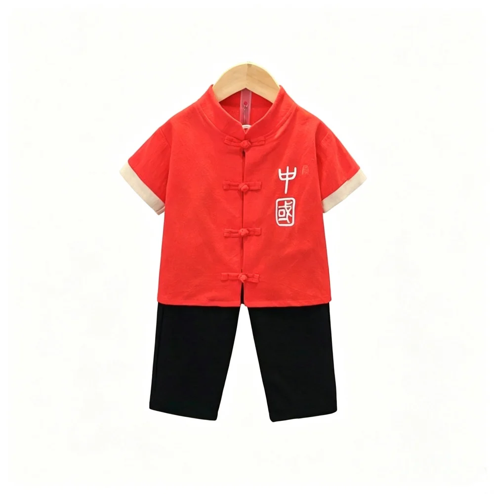 Boys Traditional Chinese Tang Suit Hanfu Set Short Sleeve Embroidery Kids National Costume Birthday New Year Clothes 6