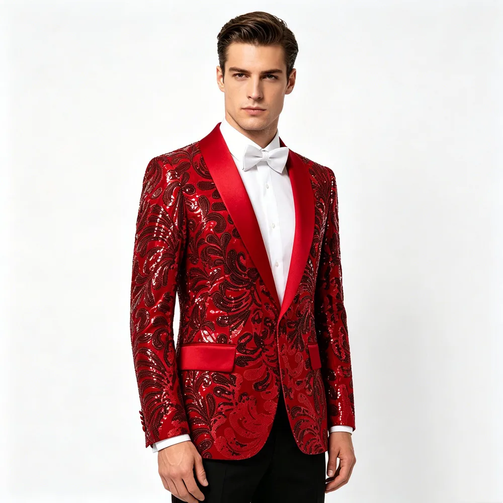 Men's Wedding Banquet Suit Jackets Red Gold Sequins Embroidery Formal Blazers Groom Photo Shoots Singer Host Stage Tuxedo Blazer