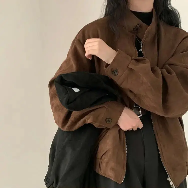 Short Coat With Stand Collar Buckskin Double Zipper Buttons Retro Loose Women Basic Jacket Autumn And Winter Long-Sleeved Coat