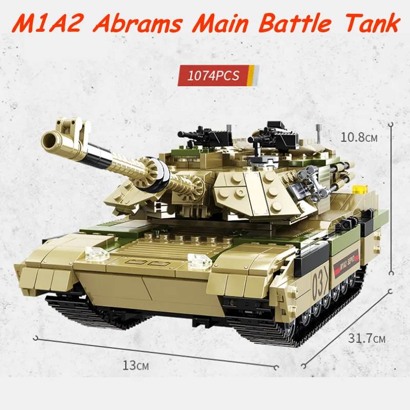 

M1A2 Abrams Main Battle Tank Building Blocks WW2 Military Bricks Army Soldier Weapons Toys for Kids gift 1074Pcs