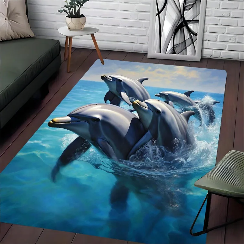 Marine Theme Floor Rug Vivid Dolphin Ocean Sea Creature Pattern Stylish Decor Area Rug for Indoor Living Space Home Ornament