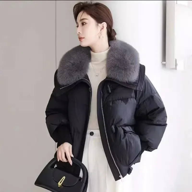 2024 Winter New Down Cotton-padded Jacket Women\'s Short Style Korean Version Loose Large Fur Collar Coat Thick Winter Clothes