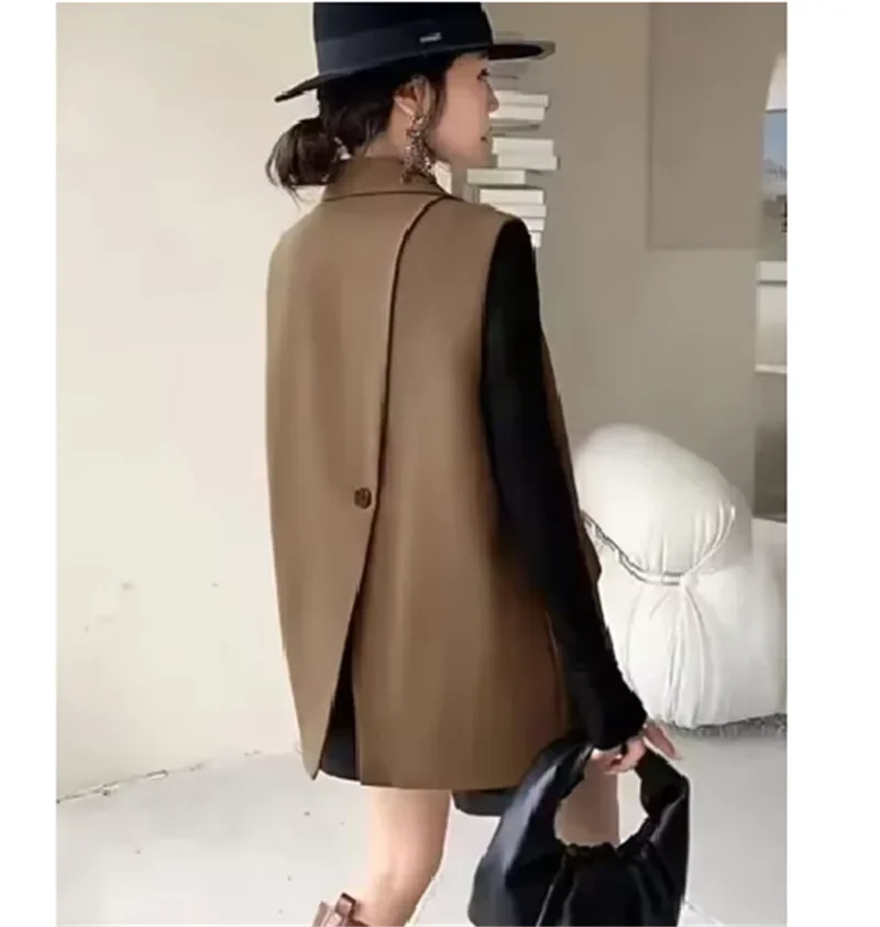 Pop Vintage Sleeveless Suit Vest Fashion Casual Lapel Suit Waistcoat 2025 Summer Women Office Double Breasted Split Back Outwear