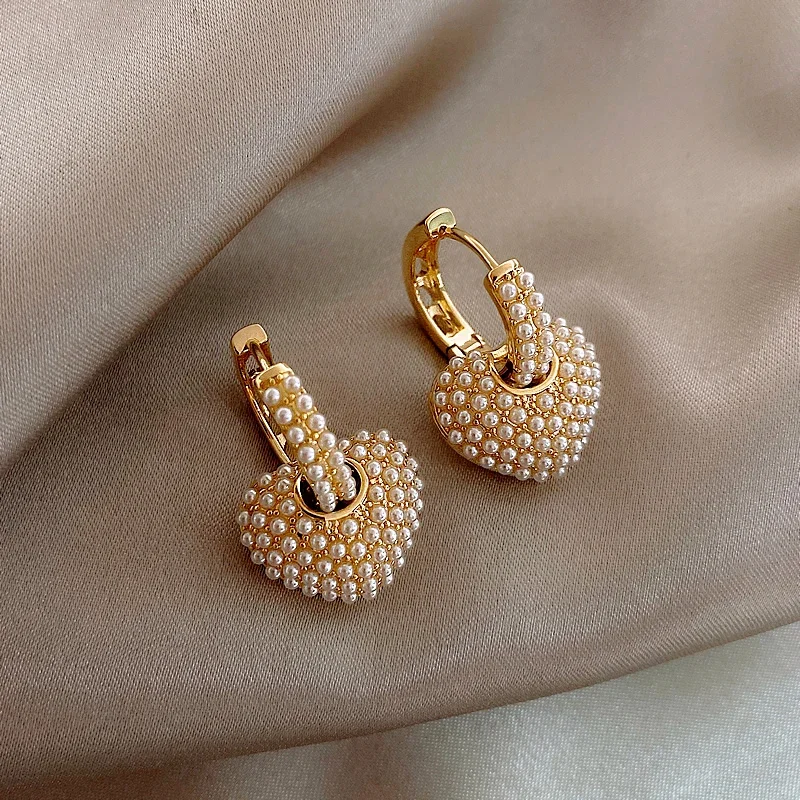 Korea New Design Fashion Jewelry Sweet Love Full Pearl small hoop  real gold Earrings Elegant Women Wedding Party Earrings