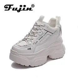 Fujin 10cm oryginalne skórzane platformy trampki na koturnie buty oddychająca moda damska wiosna dobrze dopasowane jesienne ukryte super obcasy