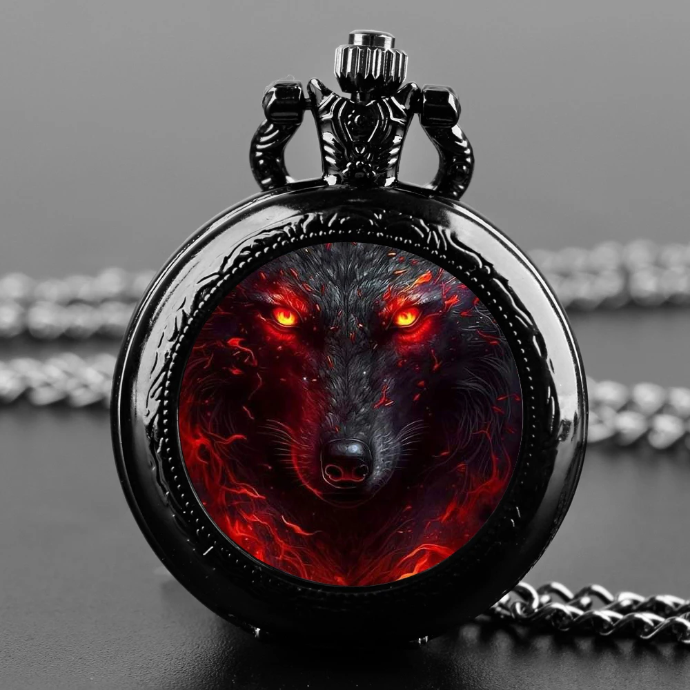 Gothic Cool Animal Wolf Design Black Pocket Watch with Necklace Alloy Case & Band,Quartz Movement Clock Watch for Men Women Kids