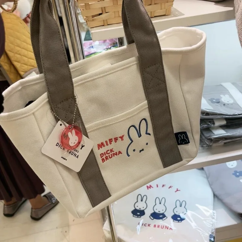 2025 New Japanese Miffy Rabbit Embroidery Series Canvas Bag Kawaii Large Capacity Handbag Student Office Bento Storage Bag