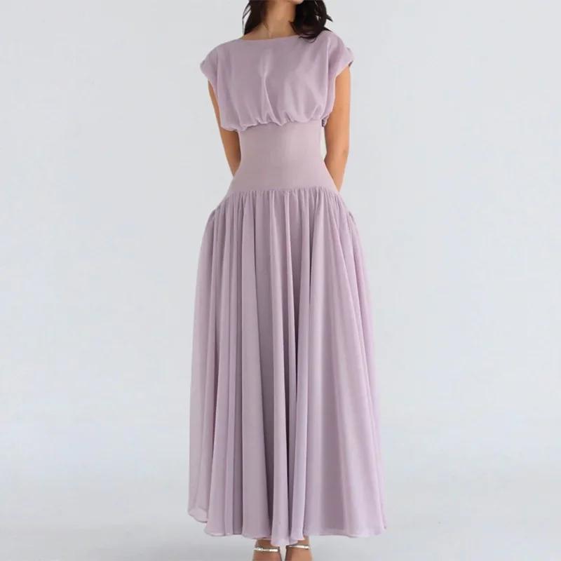 

2026 Summer New Style Round Neck Short Sleeve Folding Skirt Long Dress