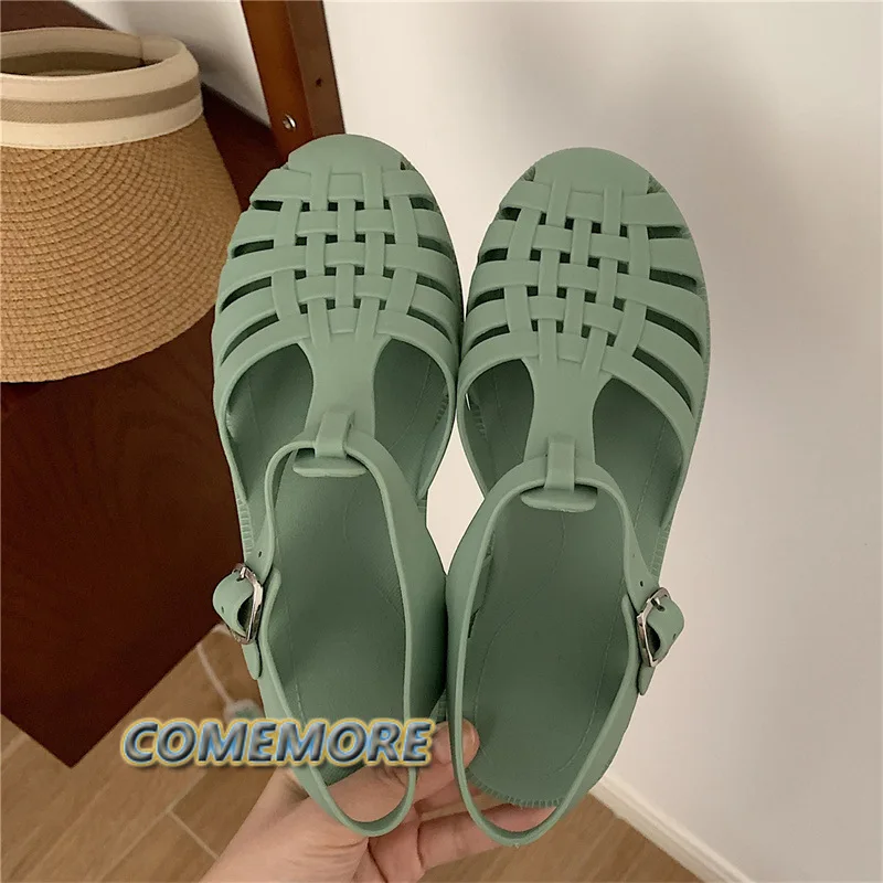 Fashion Sandals for Students Retro Women\'s Hollowing Flat Non-slip Ankle Strap Summer Jelly Casual Shoes 2024 Comfortable Female