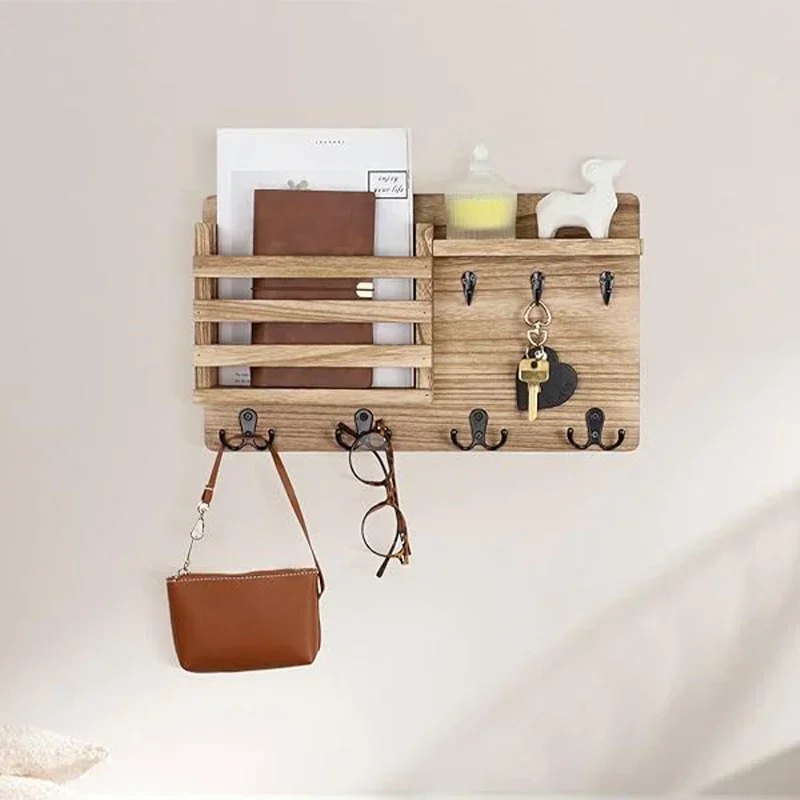 1pc Vintage Mails Holder Rack with Hooks Wall Mounted Wood Shelf Storage Tray Sorting Letters Keys Hat Bag Coat Towel Sundries