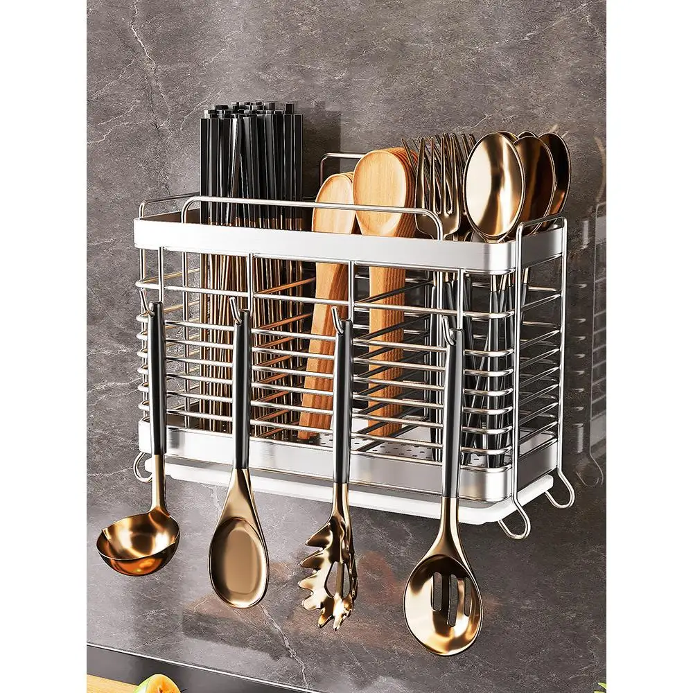 

Настенный держатель для палочек из нержавеющей стали, многофункциональный органайзер для кухонной утвари с дренажем, для хранения ложек и приборов