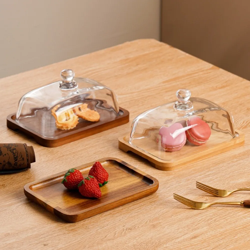 

With Glass Cover Dessert Plate Rectangular Light Luxury Appetizer Plates Show Rack Dustproof Durable Pastry Stand Hotels