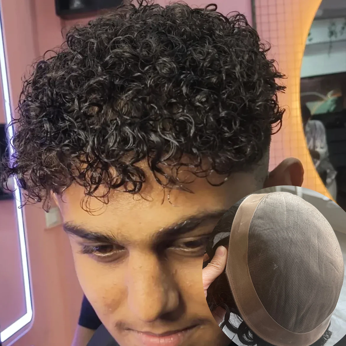 

Men's 15mm/18mm/20mm Curly Toupee Super Durable Fine Mono Human Hair Replacement System Black/Brown Hair Prosthesi for Hair Loss