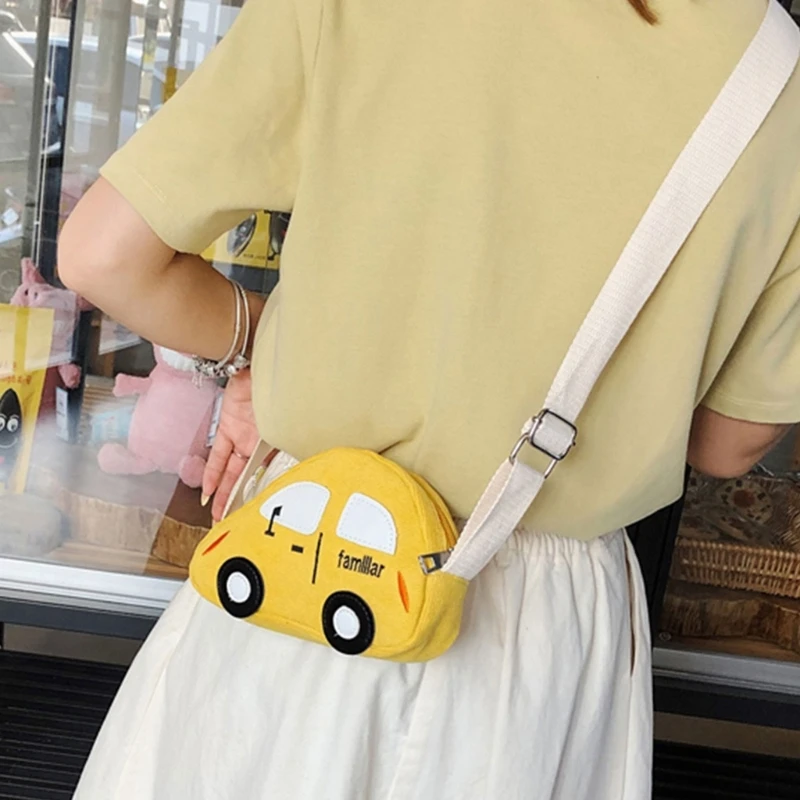 Kids Lovely Cartoon Car Shape Crossbody Bag Canvas Shoulder Bag with Adjustable Strap Small Satchel Purse for Boys and Girls