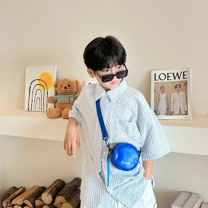Children's round PU leather single-shoulder bag cool letter children's crossbody change card storage children's bag