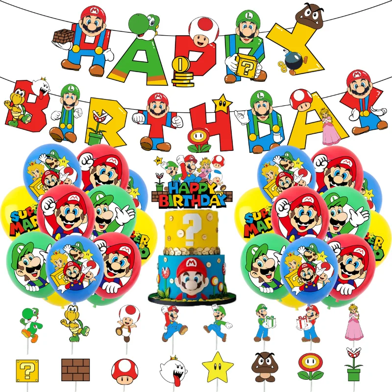 Super Marios Bros Game Theme Birthday Party Decorations Cake Topper Banner Balloon Set for Kilds Baby Showe Decor Supplies Gift