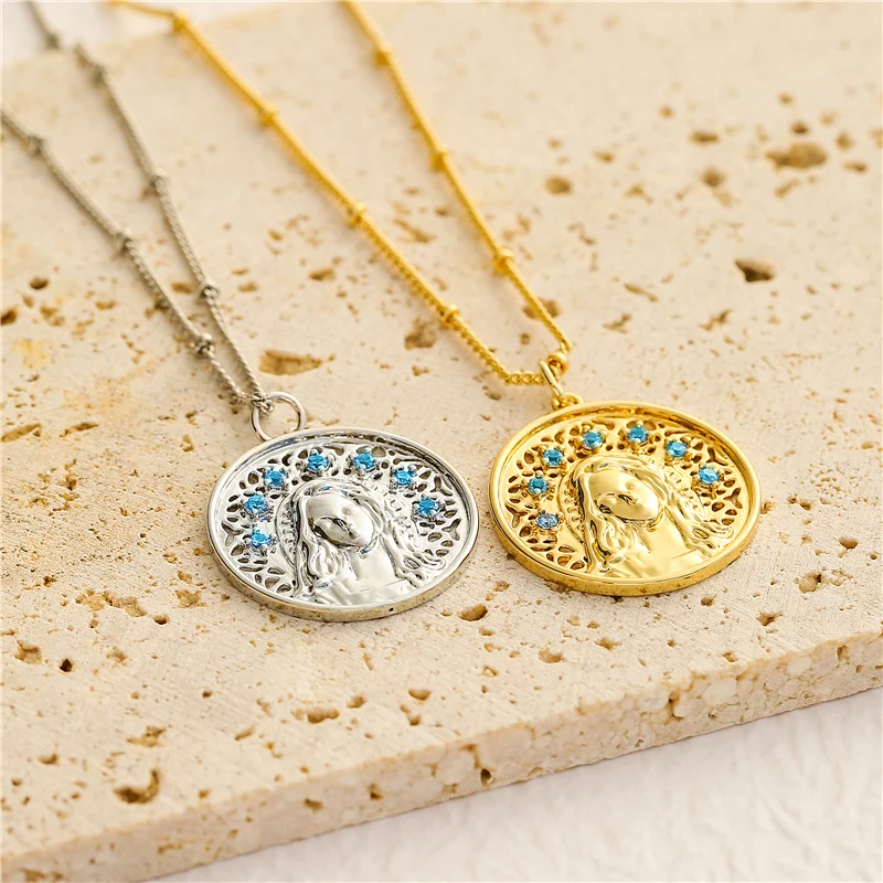 HECHENG, Sea Blue Crystal Necklace Goddess Portrait Pendant Necklace for Women Wedding Jewelry