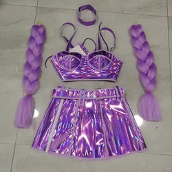 Disfraz de equipo de baile para mujer, Top láser púrpura fluorescente, falda, peluca trenzada, ropa de escenario, fiesta, Carnaval, Rave