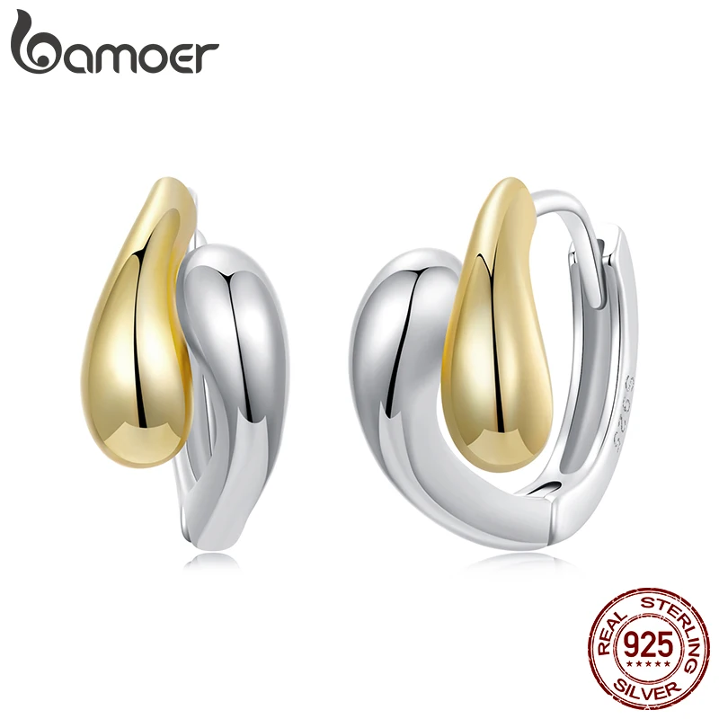 BAMOER 14K Gold Two-Tone 925 Sterling Silver Waterdrop Hoop Earrings for Women Chunky Trendy Twisted Link Earring Jewelry Gift