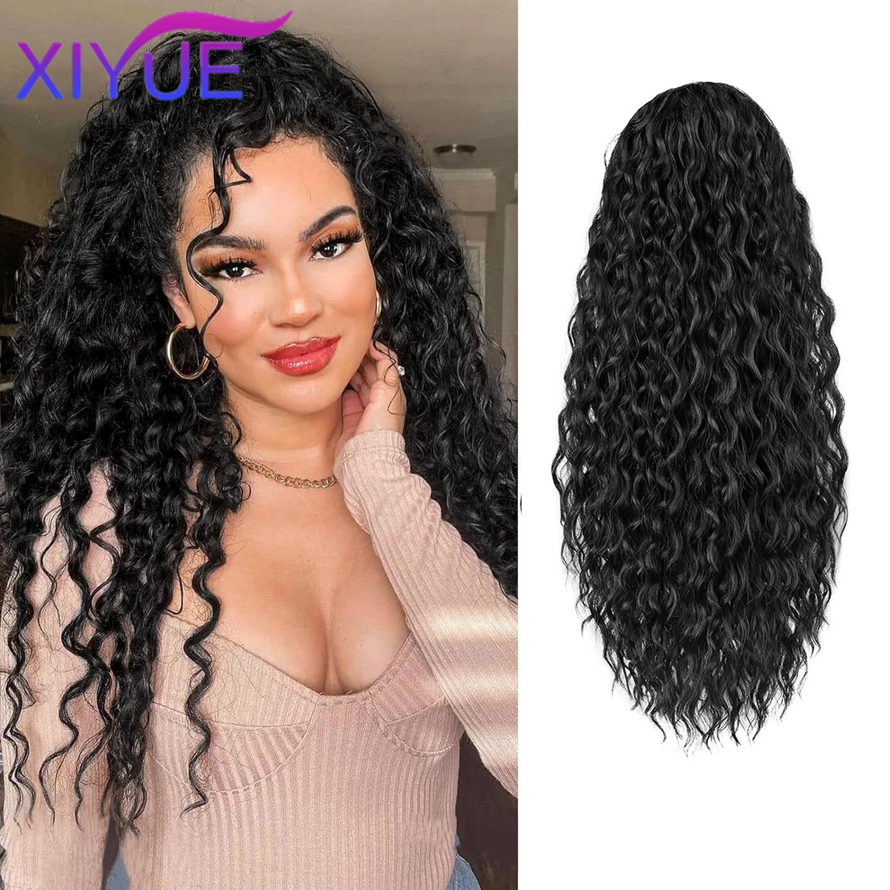 

XIYUE Curly Ponytail Extensions Clip in Synthetic Drawstring Ponytail Wig Long Water Wave Afro Pony Tail Women Hairpiece False