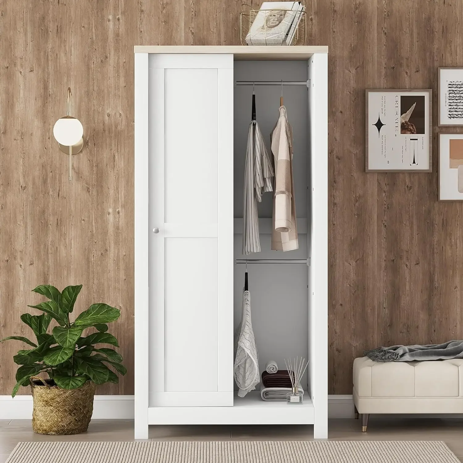 Wardrobe Closet With Sliding Door, Modern Freestanding Bedroom Armoire Organizer With Hanging Rods, 2 Storage Drawers & Open