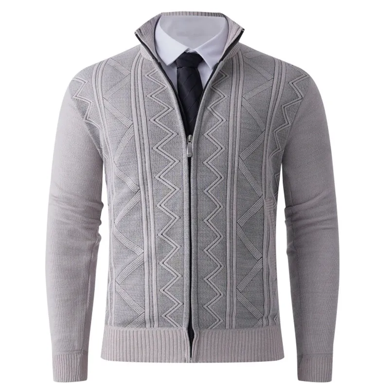 

Autumn and Winter Warm Cardigan Sweater Zipper Design Jacket Slim Fit Casual Knit Stand Up Collar with Fleece Sweater Jacket