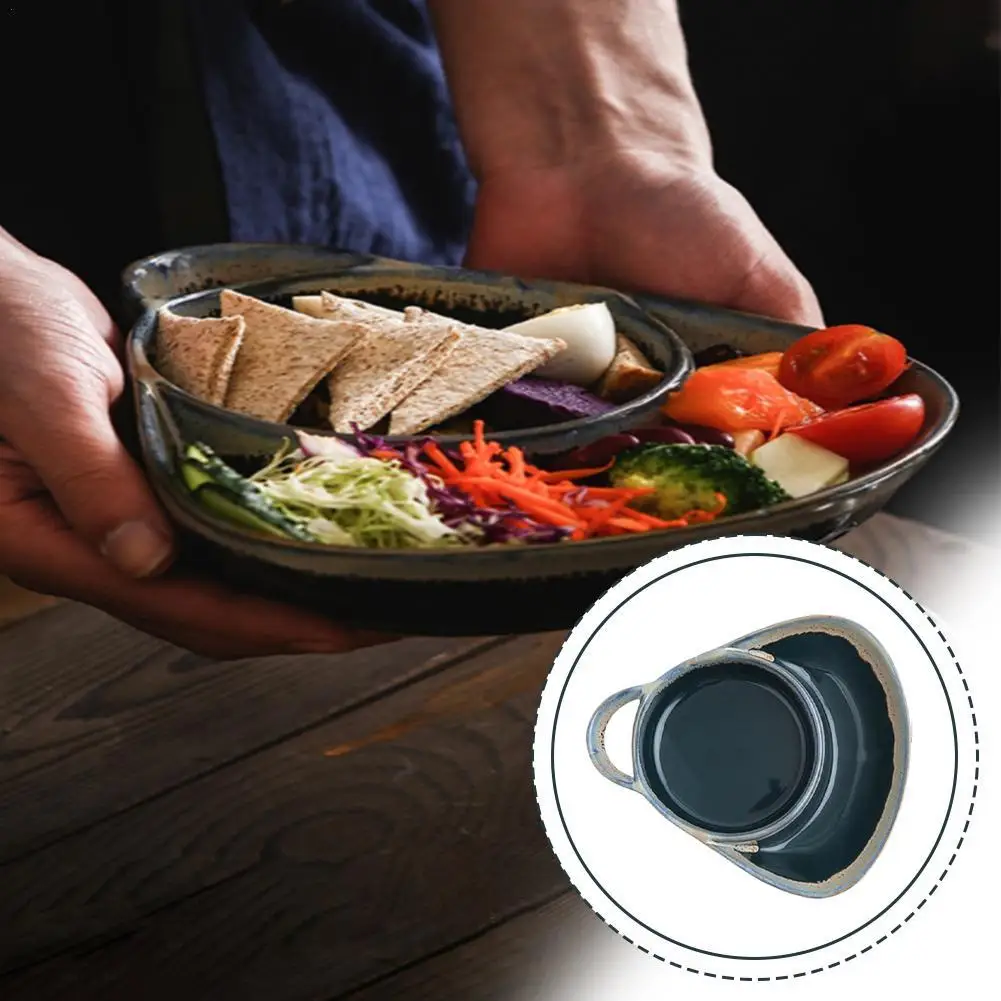 Innovative 2-in-1 Dinner Plate Retro Single Handle Breakfast Grid Ceramic Baking Plate Creative Dim Sum Fruit Salad Plate