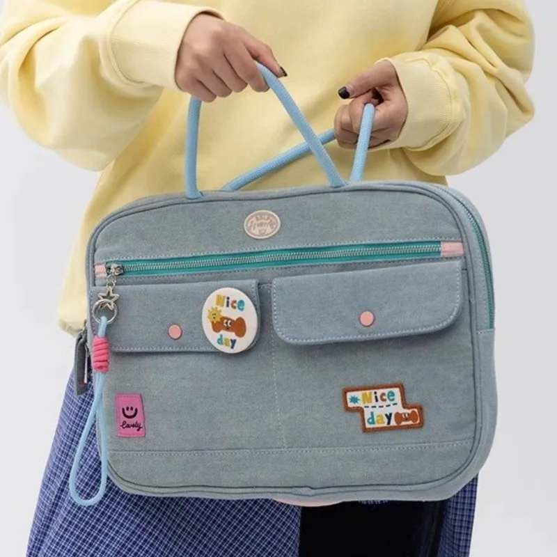 Ins-Bolso para ordenador portátil con calcomanía para mujer, bolso vaquero portátil para MacBook Air Pro de 13, 14 pulgadas, almacenamiento de accesorios para ordenador, bolsos de hombro