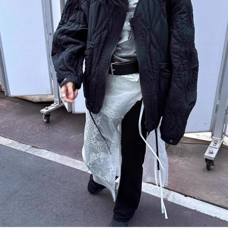 Faldas de encaje de estilo coreano blanco Y2k 2000s mujeres Vintage Harajuku malla superpuesta falda larga femenina vendaje con cordones ropa de calle Retro