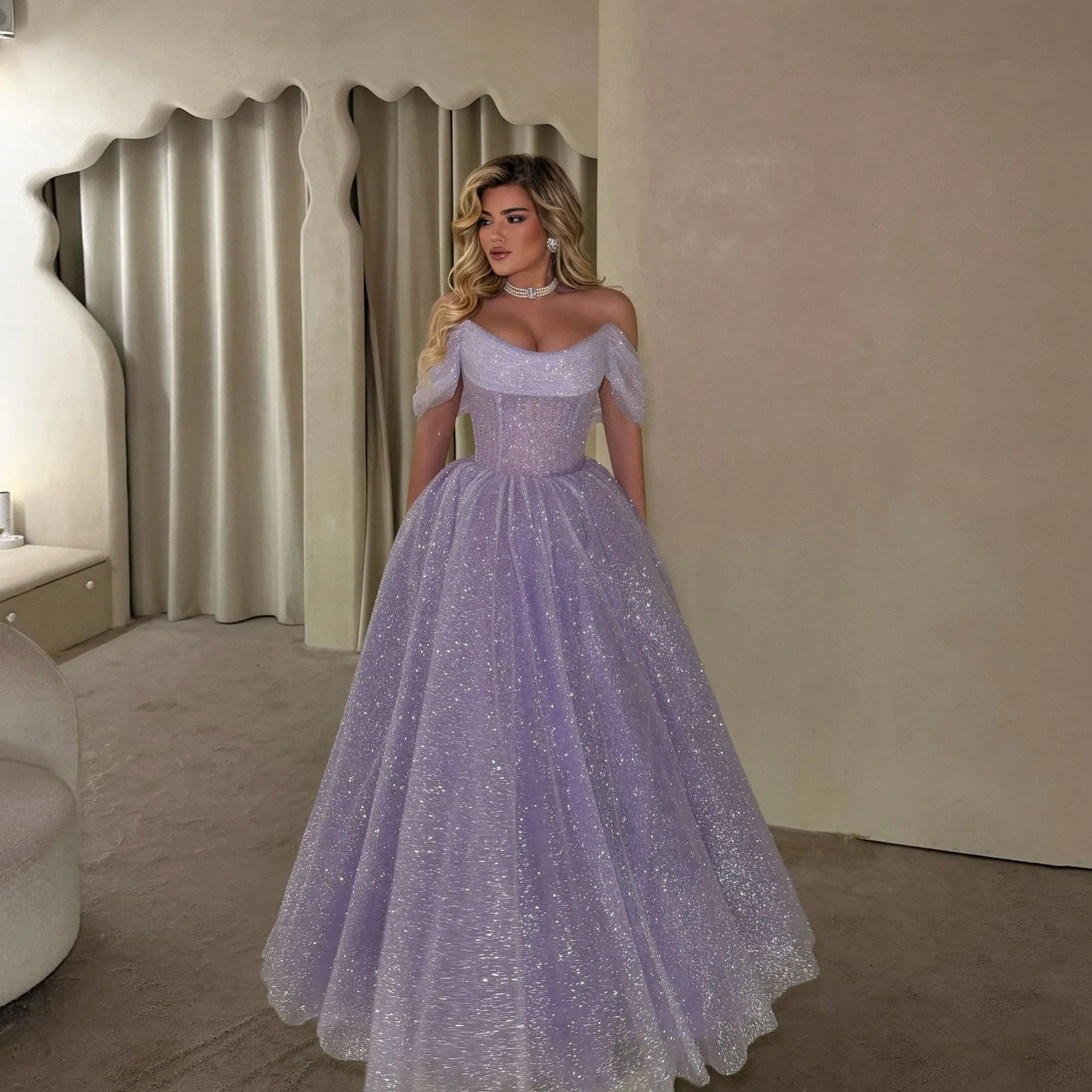 

Lavender Off Shoulder Glitter Prom Dress 2026 A-Line Corset Shiny Long Evening Party Gown Robe De Bal Floor Length Customized