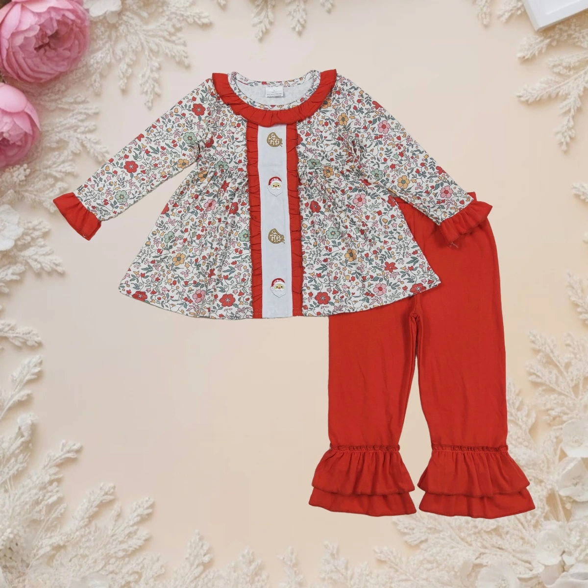 

Toddler Baby Girl Christmas Outfit Set Red Floral Tunic Ruffle Pants Santa Embroidery Long Sleeves Cotton Clothing Festive Party