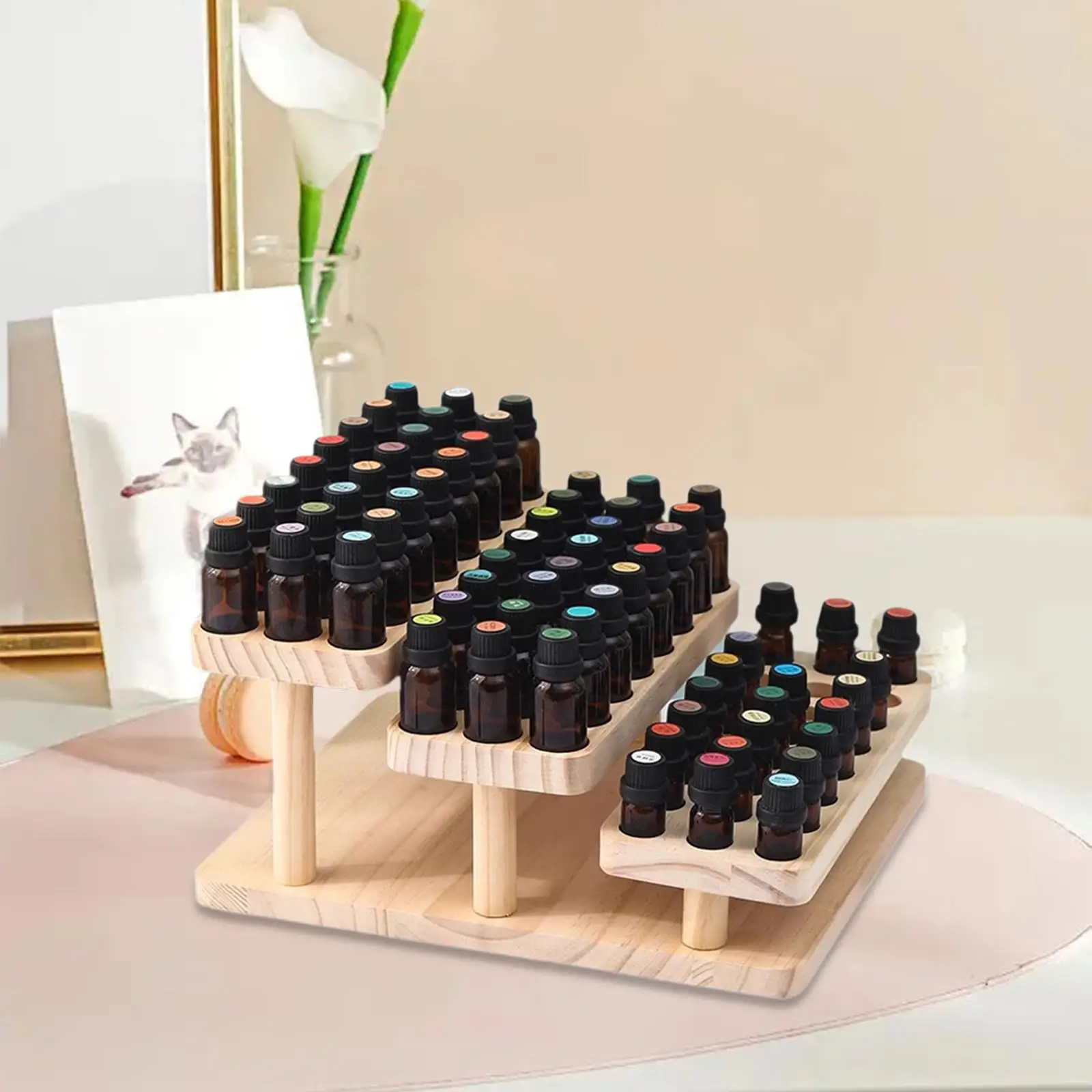 

Подставка для эфирного масла, 3 уровня, деревянная, организованная, держатель для эфирного масла на 72 бутылки, дисплей для бутылок 5 мл, 15 мл, настольный туалетный столик