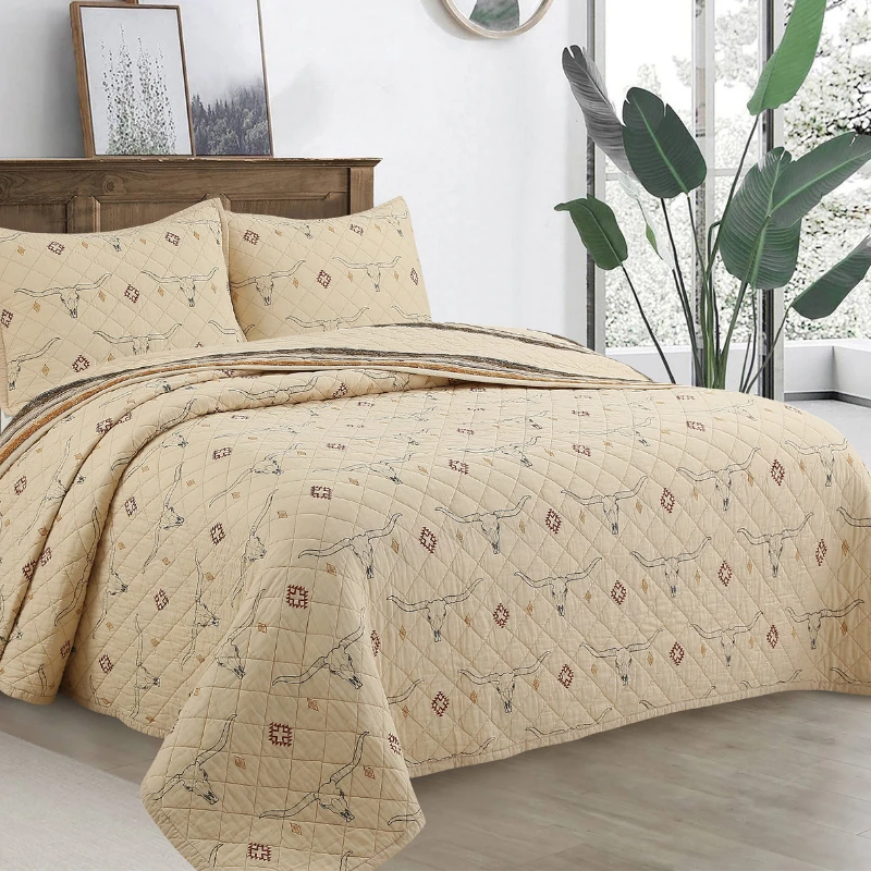 Western Bull Skull Print 100% Cotton Quilted Bedspread 3-Piece Quilt Set Queen/King Size Home Decor,Summer Lightweight Comforter