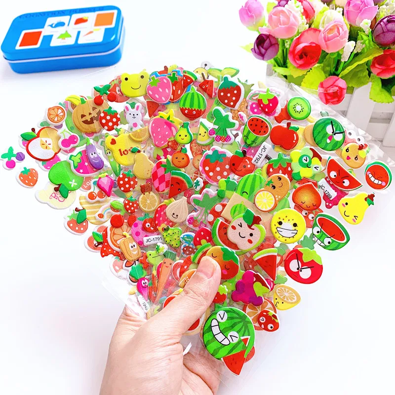 6 Sheets Kids Stickers 3D Puffy Bulk Stickers for Girl Boy Birthday Gift Scrapbooking Fruit Vegetable Cartoon Stickers Toys GYH