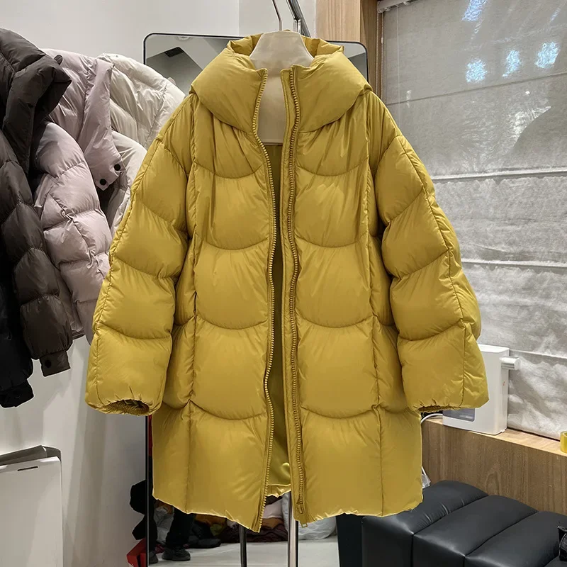 Europejska i amerykańska zimowa nowa kurtka puchowa damska, luźna, do dojazdów do pracy, wiatroodporna, z kapturem, 90% biały puch kaczy, ciepła kurtka.