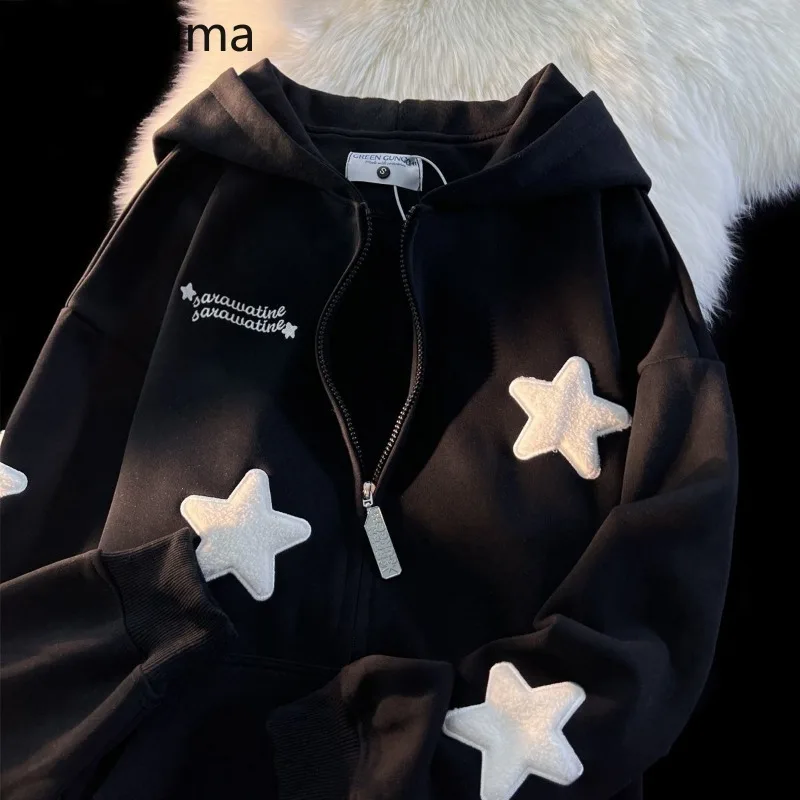 Streetwear Embroidery Star Hoodie Women Clothing Thicked Zipper Hooded Jackets Y2k Tops Casual Fashion Vintage Sweatshirts Coat