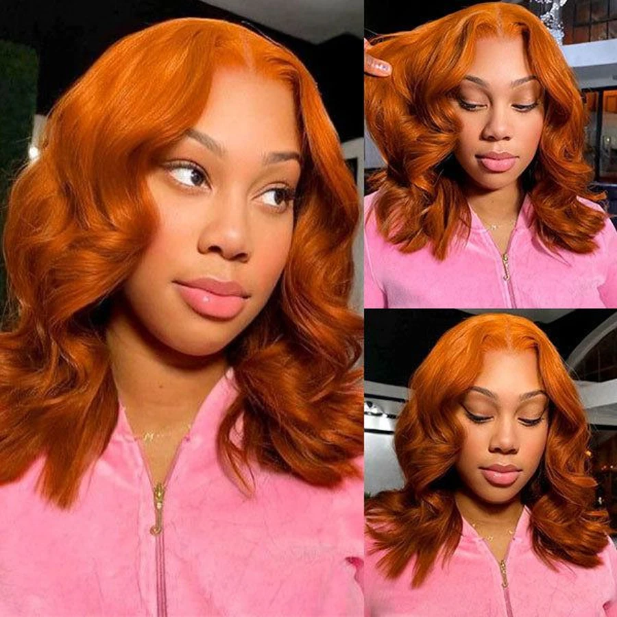 200Density Brazilian 4x4 Lace Front Human Hair Bob Wig Colored Ginger Orange Body Wave Transparent Lace Frontal Wigs For Women