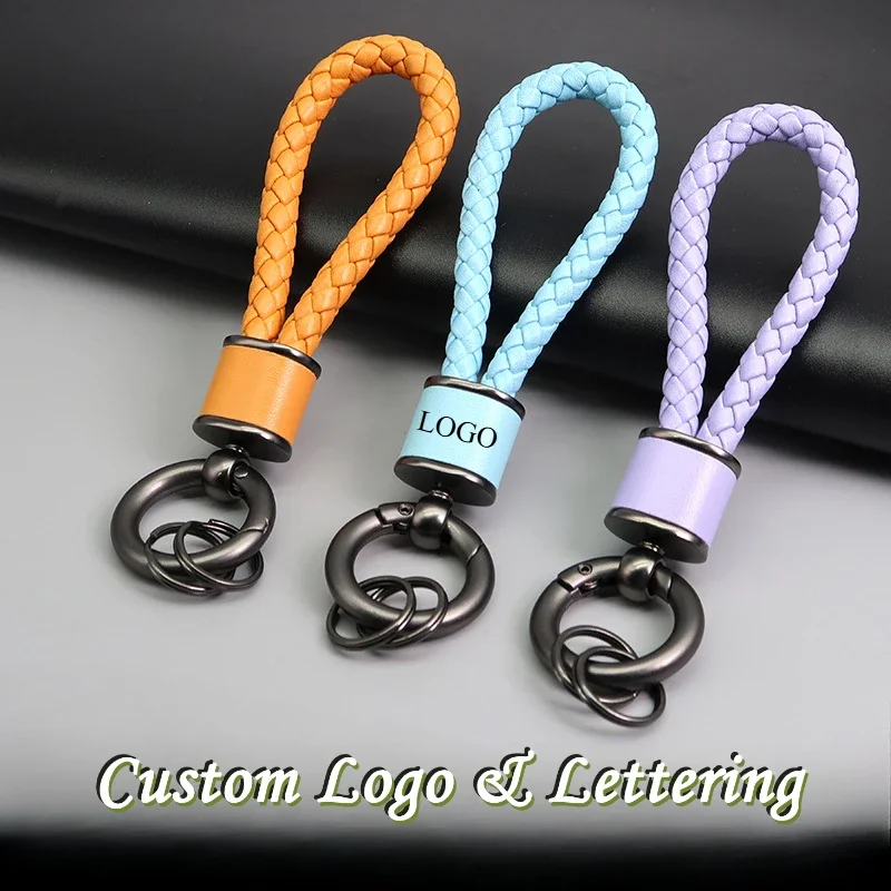 

Customized Logo Simple Braided PU Leather Car Key Chain Accessories Metal Key Ring Schoolbag Pendant Gift Wholesale Keychain