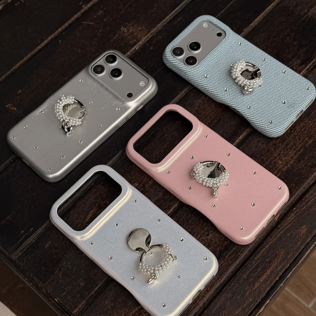 

Luxury Rhinestone White Beads Ring Buckle Holder Case Faux Leather Denim Texture Phone Cover Case for iPhone 17 16 15 14 Pro Max